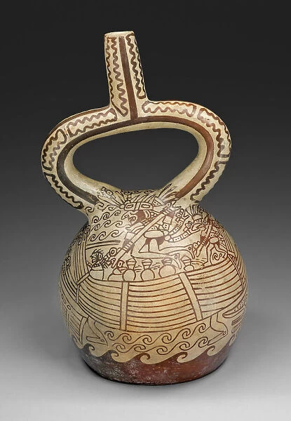 Stirrup Vessel with Fineline Painting Depicting a Figures in Reed Boat, 100 B. C.  /  A. D. 500