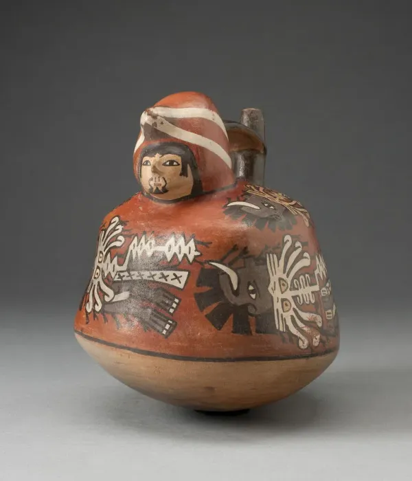 Framed Print : Stirrup Vessel in the Form of Figure with Abstract Motifs and Trophy Heads on Torso Framed Print : Stirrup Vessel in the Form of Figure with Abstract Motifs and Trophy Heads on Torso