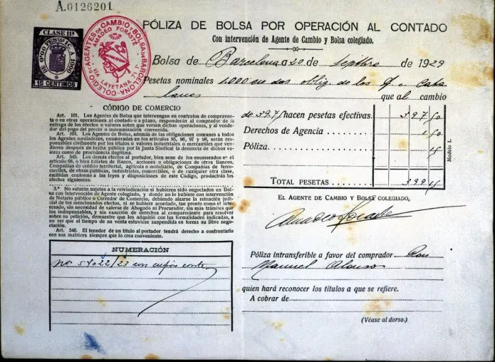 Framed Print : Stock policy by cash transaction issued in Barcelona in 1929, the document proves Framed Print : Stock policy by cash transaction issued in Barcelona in 1929, the document proves