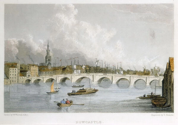 Stone arched bridge across the Tyne at Newcastle-upon-Tyne, England, c1830. Artist: R Francis