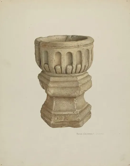 Framed Print : Stone Baptismal Font, c. 1940. Creator: Rose Campbell-Gerke Framed Print : Stone Baptismal Font, c. 1940. Creator: Rose Campbell-Gerke