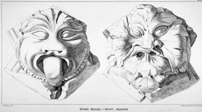 Framed Print : Stone bosses from St Michaels Crypt, Aldgate Street, London, c1830(?) Framed Print : Stone bosses from St Michaels Crypt, Aldgate Street, London, c1830(?)