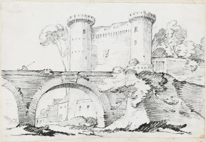 Framed Print : A Stone Bridge and the Fortified Entrance to a Town, 1744 / 1750. Creator: Joseph-Marie Vien the Elder Framed Print : A Stone Bridge and the Fortified Entrance to a Town, 1744 / 1750. Creator: Joseph-Marie Vien the Elder