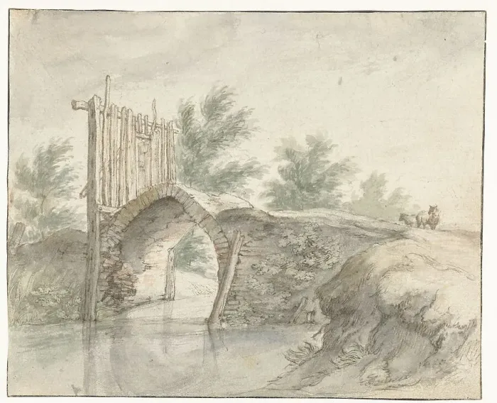 Framed Print : Stone bridge with a wooden fence, 1571-1651. Creator: Abraham Bloemaert Framed Print : Stone bridge with a wooden fence, 1571-1651. Creator: Abraham Bloemaert