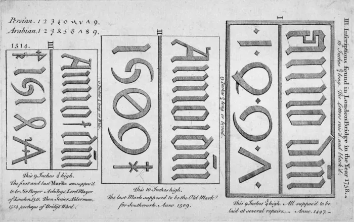 Framed Print : Stone date marks reading 1497, 1506 and 1514 from London Bridge, 1758 Framed Print : Stone date marks reading 1497, 1506 and 1514 from London Bridge, 1758