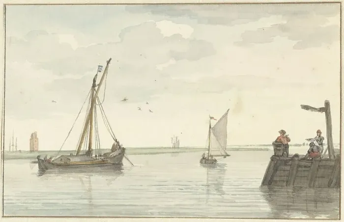 Framed Print : The stone fire beacon and the harbor head of Durgerdam, 1756. Creator: Aert Schouman