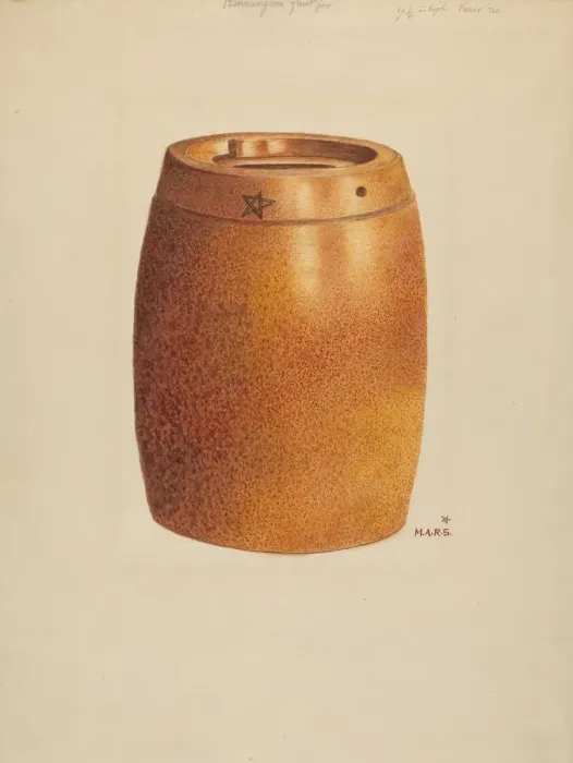 Framed Print : Stone Fruit Jar with Star, c. 1936. Creator: Margaret Stottlemeyer Framed Print : Stone Fruit Jar with Star, c. 1936. Creator: Margaret Stottlemeyer