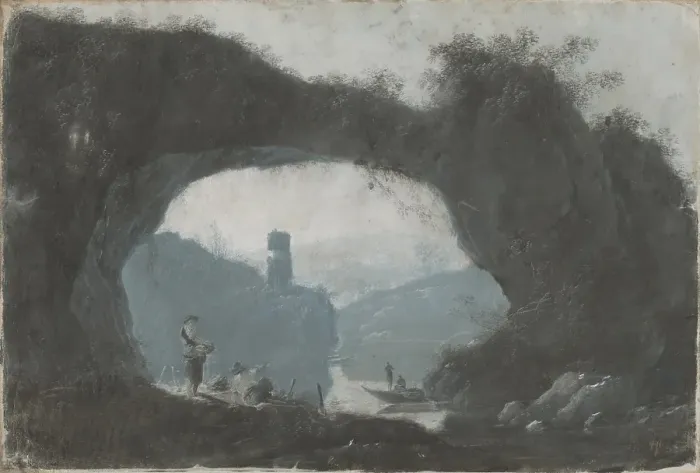 Framed Print : Stone gate in a river landscape, 2nd half 18th century. Creator: Jean-Baptiste Pillement Framed Print : Stone gate in a river landscape, 2nd half 18th century. Creator: Jean-Baptiste Pillement