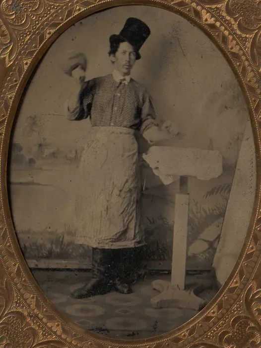 Framed Print : Stone Mason in Top Hat and Apron with Mallet and Chisel, 1870s-80s. Creator: Unknown Framed Print : Stone Mason in Top Hat and Apron with Mallet and Chisel, 1870s-80s. Creator: Unknown