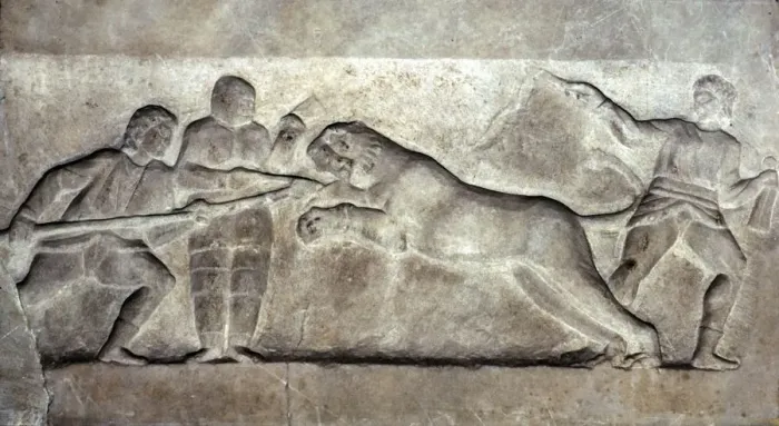 Framed Print : Stone relief ofStone relief of Gladiators fighting a lion, Turkey, c 323BC-31BC Framed Print : Stone relief ofStone relief of Gladiators fighting a lion, Turkey, c 323BC-31BC