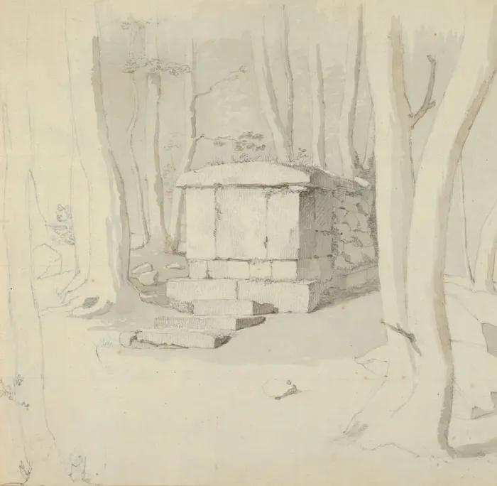 Framed Print : A Stone Tomb in a Forest;verso: Study of a Flower, 1830. Creator: Christen Kobke Framed Print : A Stone Tomb in a Forest;verso: Study of a Flower, 1830. Creator: Christen Kobke