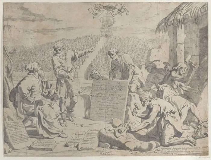 Framed Print : Stonemasons carving the arms of the Bolognese Cardinal Petro Vidono, under his direction... 1663. Creator: Anon Framed Print : Stonemasons carving the arms of the Bolognese Cardinal Petro Vidono, under his direction... 1663. Creator: Anon