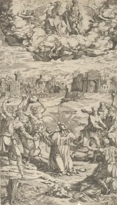 Framed Print : The Stoning of Saint Stephen, 16th century. Creator: Domenico del Barbiere Framed Print : The Stoning of Saint Stephen, 16th century. Creator: Domenico del Barbiere
