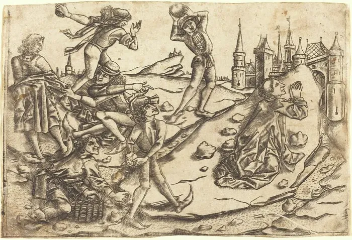 Framed Print : The Stoning of Saint Stephen, c. 1470 / 1475. Creator: Master with the Banderoles Framed Print : The Stoning of Saint Stephen, c. 1470 / 1475. Creator: Master with the Banderoles