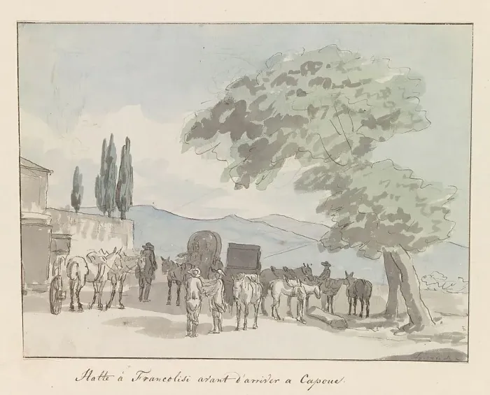 Framed Print : Stop in Francolise before arrival in Capua, 1778. Creator: Louis Ducros Framed Print : Stop in Francolise before arrival in Capua, 1778. Creator: Louis Ducros
