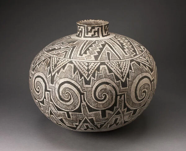 Storage Jar (Olla) with Black, White, and Hathed Linked Scrolls, Triangles, and Stepped