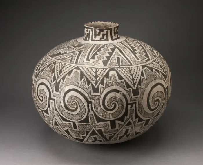 Framed Print : Storage Jar (Olla) with Black, White, and Hathed Linked Scrolls, Triangles, and Stepped
