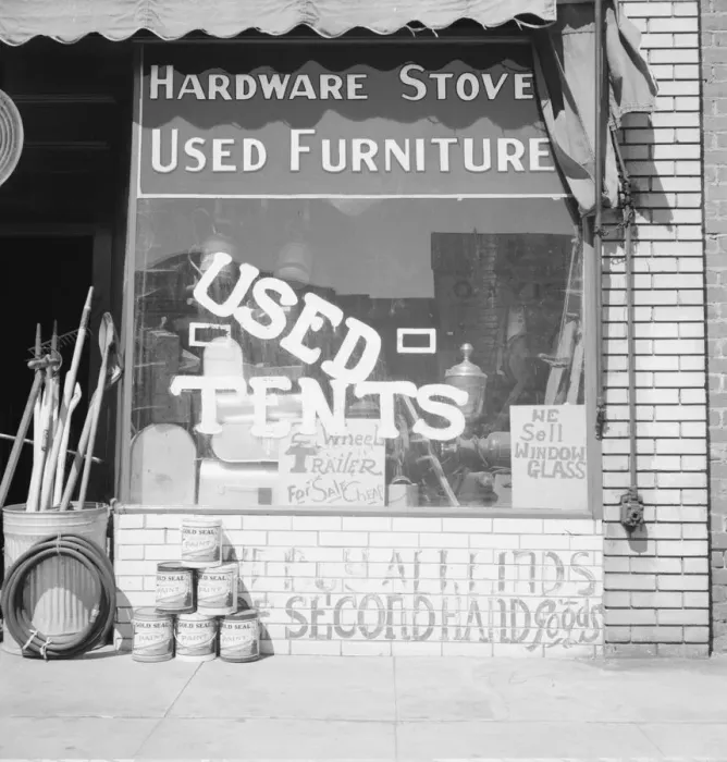 Framed Print : Storefront of San Joaquin Valley town, Fresno, on U. S. 99, California, 1939. Creator: Dorothea Lange Framed Print : Storefront of San Joaquin Valley town, Fresno, on U. S. 99, California, 1939. Creator: Dorothea Lange
