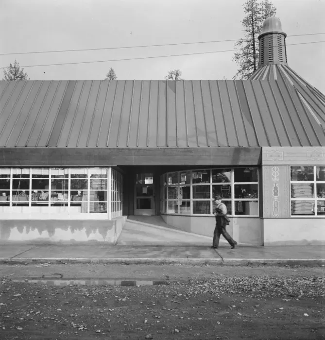Framed Print : Stores and community center in model lumber company town, Gilchrist, Oregon, 1939. Creator: Dorothea Lange Framed Print : Stores and community center in model lumber company town, Gilchrist, Oregon, 1939. Creator: Dorothea Lange