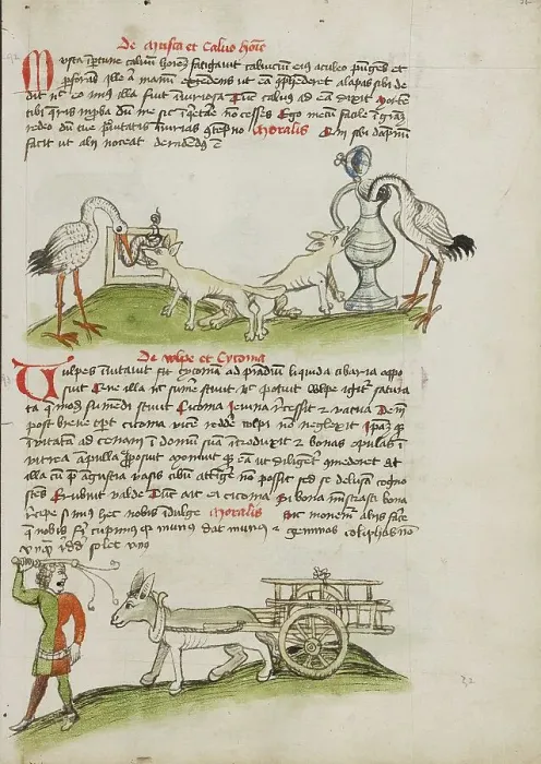 Framed Print : A Stork with its Head in a Vessel and a Fox Nearby: A Stork... third quarter of 15th century. Creator: Unknown Framed Print : A Stork with its Head in a Vessel and a Fox Nearby: A Stork... third quarter of 15th century. Creator: Unknown