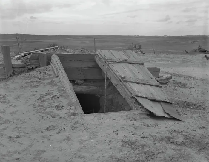 Framed Print : Storm cellar on the Texas plains, West Texas Panhandle, 1937. Creator: Dorothea Lange Framed Print : Storm cellar on the Texas plains, West Texas Panhandle, 1937. Creator: Dorothea Lange
