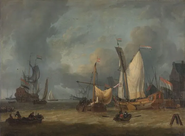 Framed Print : A Storm (Ships in the Harbor in a Stiff Breeze), 1675-1719. Creator: Jan Claesz Rietschoof Framed Print : A Storm (Ships in the Harbor in a Stiff Breeze), 1675-1719. Creator: Jan Claesz Rietschoof