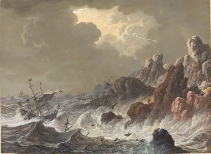 Framed Print : Storm-Tossed Ships Wrecked on a Rocky Coast. Creator: Johann Christoph Dietzsch Framed Print : Storm-Tossed Ships Wrecked on a Rocky Coast. Creator: Johann Christoph Dietzsch