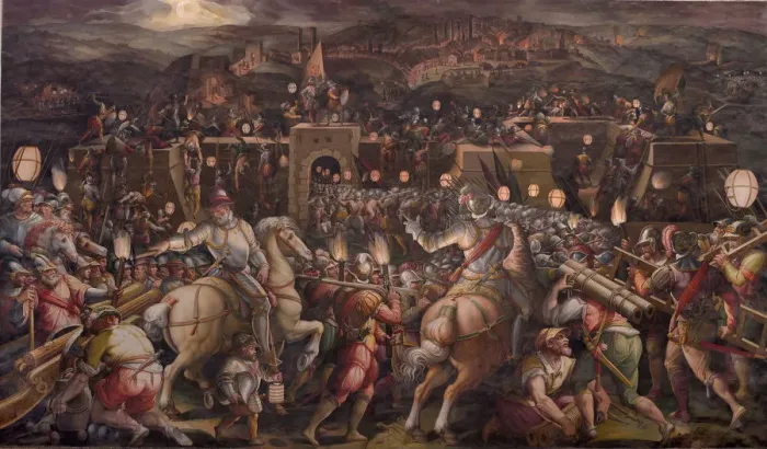 Framed Print : The storming of the fortress near Porta Camollia in Siena, 1570. Artist: Vasari, Giorgio (1511-1574) Framed Print : The storming of the fortress near Porta Camollia in Siena, 1570. Artist: Vasari, Giorgio (1511-1574)