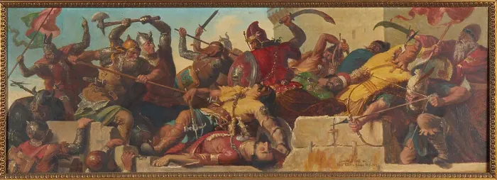 Framed Print : The storming of Melk by Margrave Leopold I of Babenberg, 1937. Creator: Pögl; Josef (1867-1945) Framed Print : The storming of Melk by Margrave Leopold I of Babenberg, 1937. Creator: Pögl; Josef (1867-1945)