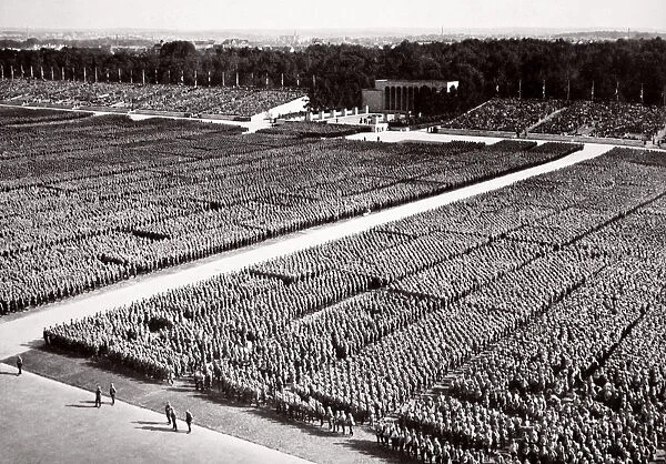 Stormtroopers lined up on parade during a Nazi Party Congress in Nuremberg, Germany, 1936