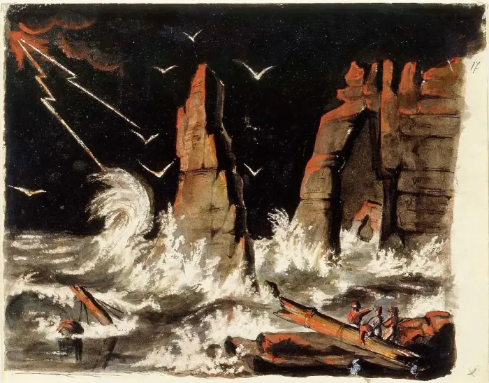 Framed Print : Stormy seascape with shipwrecks, steep rock formation in the middle, 1850-1855. Creator: Karl Anders Ekman Framed Print : Stormy seascape with shipwrecks, steep rock formation in the middle, 1850-1855. Creator: Karl Anders Ekman