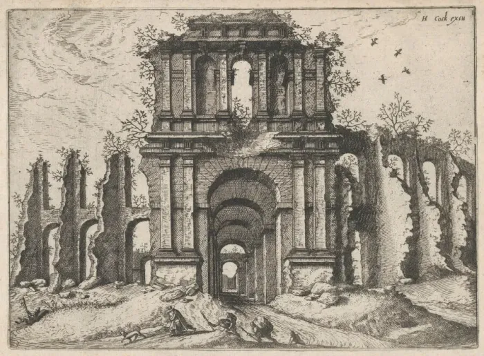 Framed Print : Two Story Entrance Flanked by Coupled Pilasters, from the series Roman Ruins and Buildings... 1562. Creators: Johannes van Doetecum I, Lucas van Doetecum