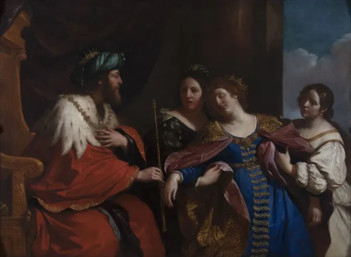 Framed Print : The story of Esther and Ahasuerus, 1639. Artist: Guercino (1591-1666) Framed Print : The story of Esther and Ahasuerus, 1639. Artist: Guercino (1591-1666)