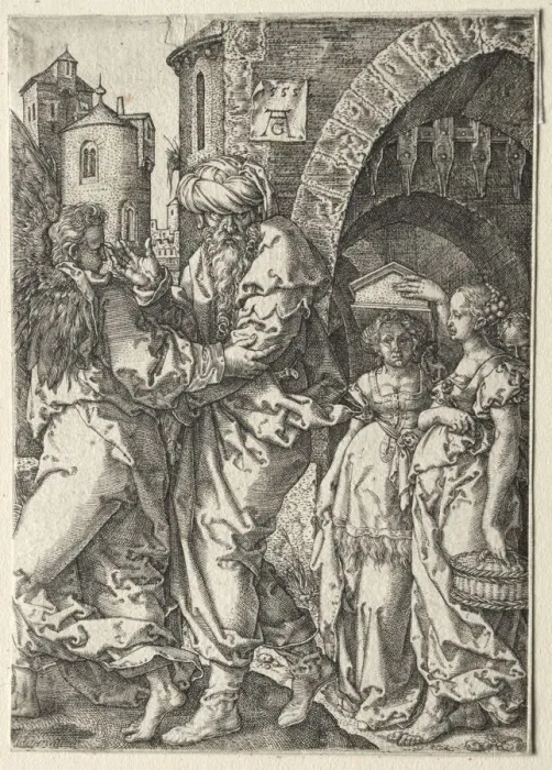 Framed Print : The Story of Lot: Lot and His Family Fleeing Sodom, 1555. Creator: Heinrich Aldegrever (German Framed Print : The Story of Lot: Lot and His Family Fleeing Sodom, 1555. Creator: Heinrich Aldegrever (German