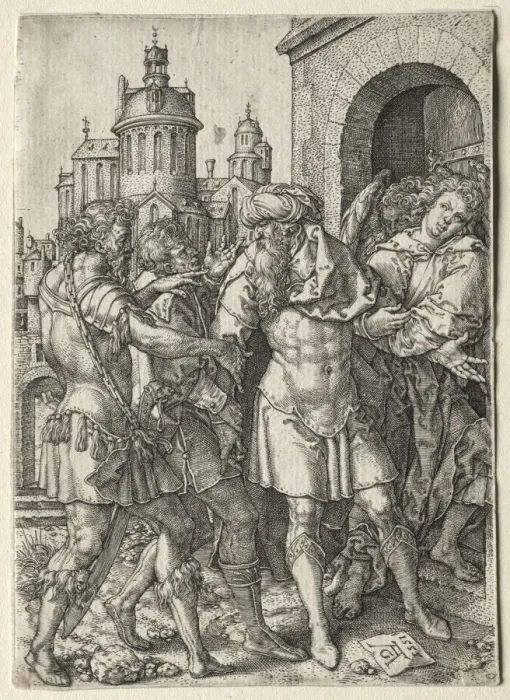 Framed Print : The Story of Lot: Lot Prevents the Sodomites from Violence, 1555. Creator: Heinrich Aldegrever Framed Print : The Story of Lot: Lot Prevents the Sodomites from Violence, 1555. Creator: Heinrich Aldegrever