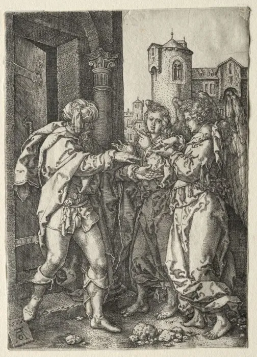 Framed Print : The Story of Lot: Lot Welcomes the Angels, 1555. Creator: Heinrich Aldegrever (German Framed Print : The Story of Lot: Lot Welcomes the Angels, 1555. Creator: Heinrich Aldegrever (German