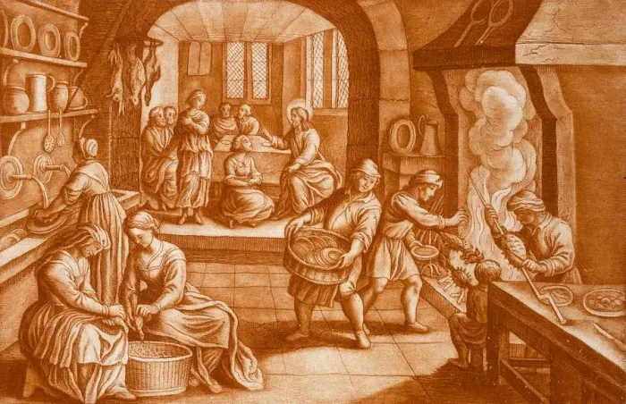 Framed Print : The Story of Mary and Martha, illustration from the Bible. Creator: Mattaus II Merian (1621-87) Framed Print : The Story of Mary and Martha, illustration from the Bible. Creator: Mattaus II Merian (1621-87)