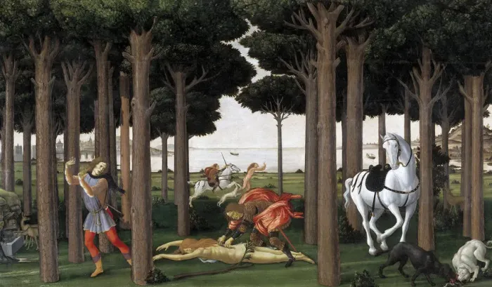 Framed Print : The Story of Nastagio degli Onesti (Second episode), ca 1483. Artist: Botticelli, Sandro (1445-1510)