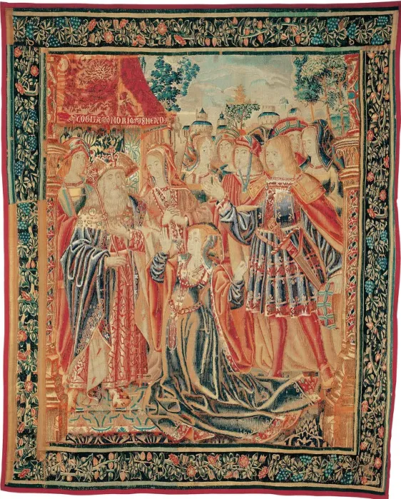 Framed Print : The Story of Troy. Cassandra intercedes before Priam to obtain a Pardon for Paris, c. 1520. Artist: Brussels Manufactory (1515-1525) Framed Print : The Story of Troy. Cassandra intercedes before Priam to obtain a Pardon for Paris, c. 1520. Artist: Brussels Manufactory (1515-1525)