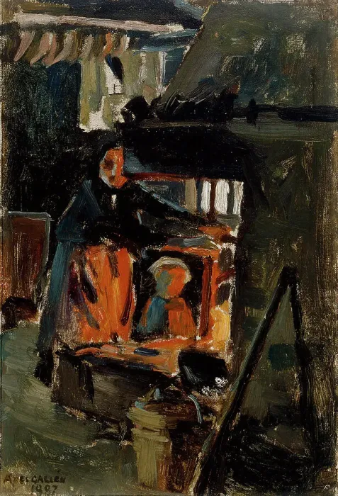 Framed Print : By the stove, from the interior of the hut, 1887. Creator: Akseli Gallen-Kallela Framed Print : By the stove, from the interior of the hut, 1887. Creator: Akseli Gallen-Kallela