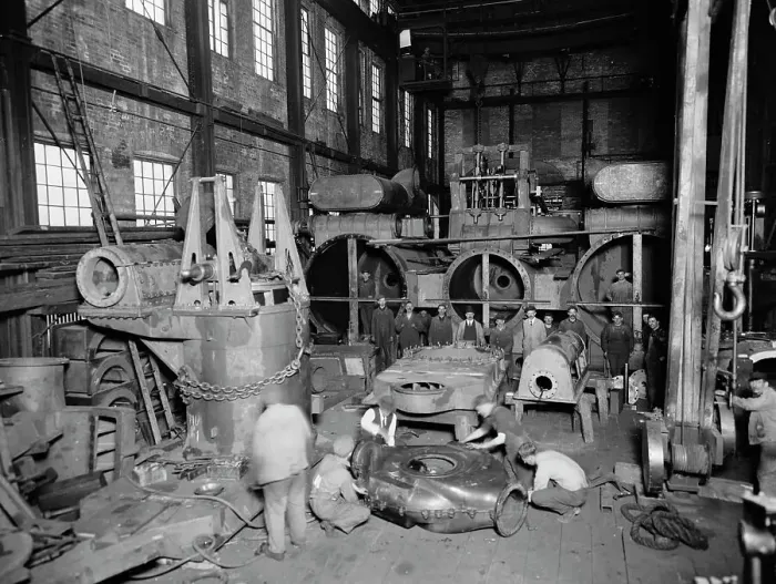 Framed Print : Str. no. 190, main engine in shop, 3 cyln. compound-inclined type, between 1910 and 1920. Creator: William H. Jackson Framed Print : Str. no. 190, main engine in shop, 3 cyln. compound-inclined type, between 1910 and 1920. Creator: William H. Jackson