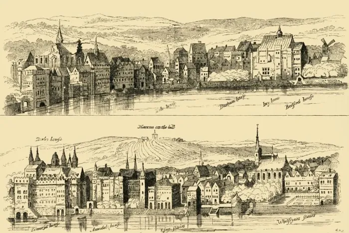 Framed Print : The Strand from the Thames, Sixteenth Century, (1881). Creator: Unknown Framed Print : The Strand from the Thames, Sixteenth Century, (1881). Creator: Unknown
