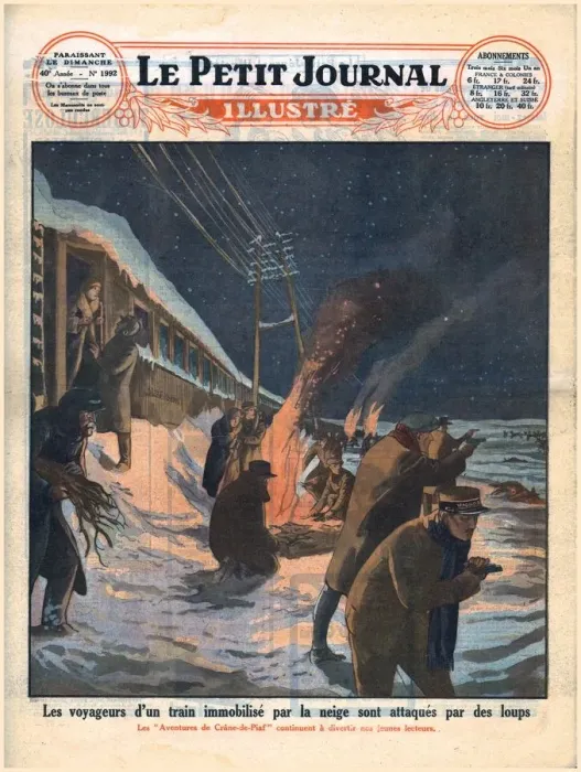 Framed Print : Stranded train passengers are attacked by wolves, 1929. Creator: Unknown Framed Print : Stranded train passengers are attacked by wolves, 1929. Creator: Unknown