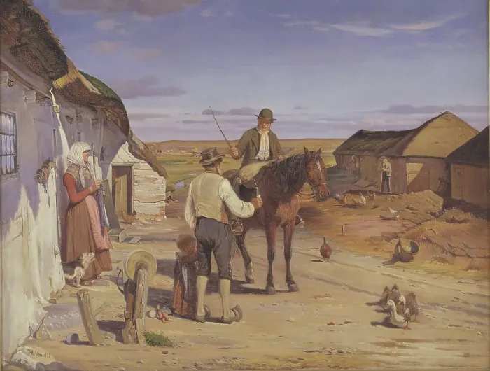 Framed Print : A Stranger Asking his Way at a Farm on the Moors, 1877. Creator: Hans Smidth Framed Print : A Stranger Asking his Way at a Farm on the Moors, 1877. Creator: Hans Smidth