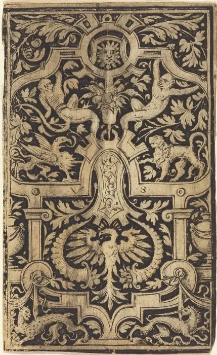 Framed Print : Strapwork and Foliage Ornament on Dark Ground with Monkeys and other Animals. Creator: Virgil Solis Framed Print : Strapwork and Foliage Ornament on Dark Ground with Monkeys and other Animals. Creator: Virgil Solis