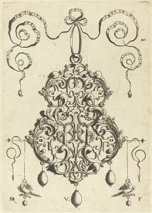 Framed Print : Strapwork Pendant with Two Birds as Earrings at Left and Right. Creator: Daniel Mignot Framed Print : Strapwork Pendant with Two Birds as Earrings at Left and Right. Creator: Daniel Mignot