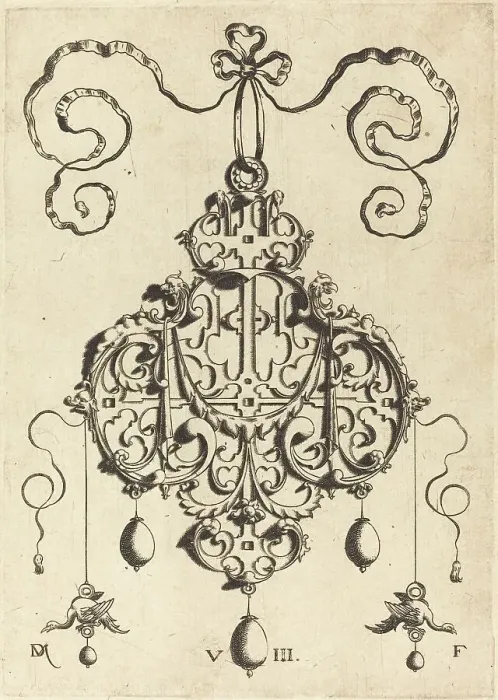 Framed Print : Strapwork Pendant with Two Eagles as Earringsat Left and Right. Creator: Daniel Mignot