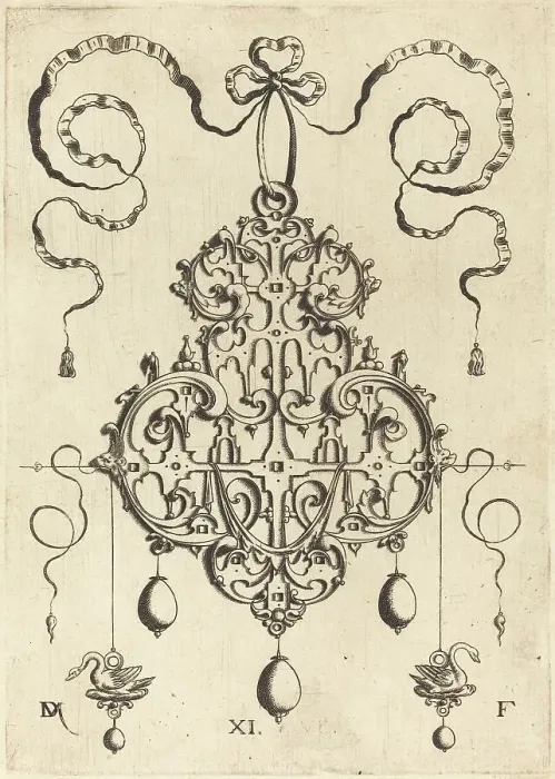 Framed Print : Strapwork Pendant with Two Swans as Earrings at Left and Right. Creator: Daniel Mignot Framed Print : Strapwork Pendant with Two Swans as Earrings at Left and Right. Creator: Daniel Mignot