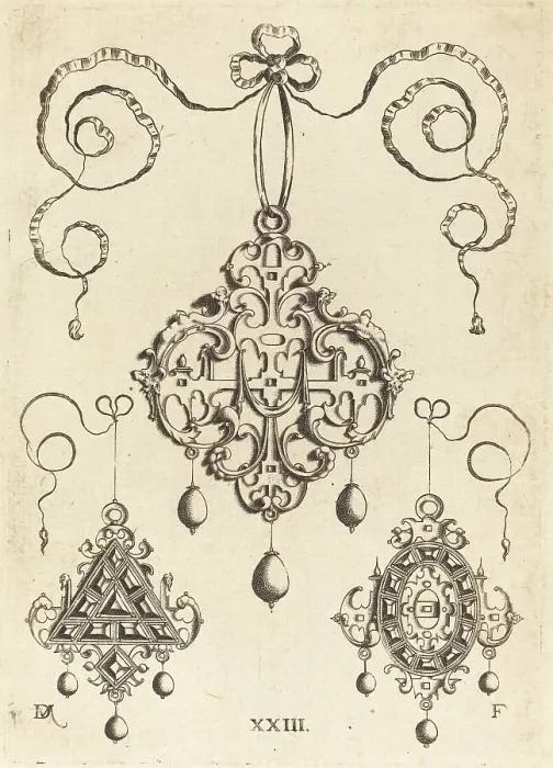 Framed Print : Three Strapwork Pendants, The Lower Ones Triangular and Oval. Creator: Daniel Mignot Framed Print : Three Strapwork Pendants, The Lower Ones Triangular and Oval. Creator: Daniel Mignot