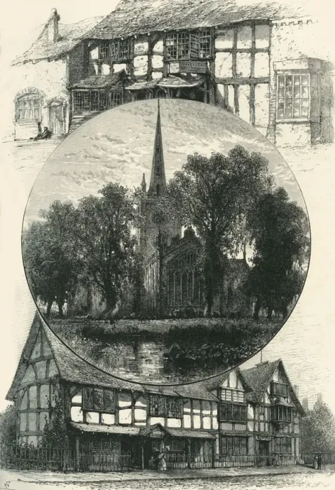 Framed Print : Stratford Church, and Shakespeares House, As It Was and As It Is, c1870 Framed Print : Stratford Church, and Shakespeares House, As It Was and As It Is, c1870